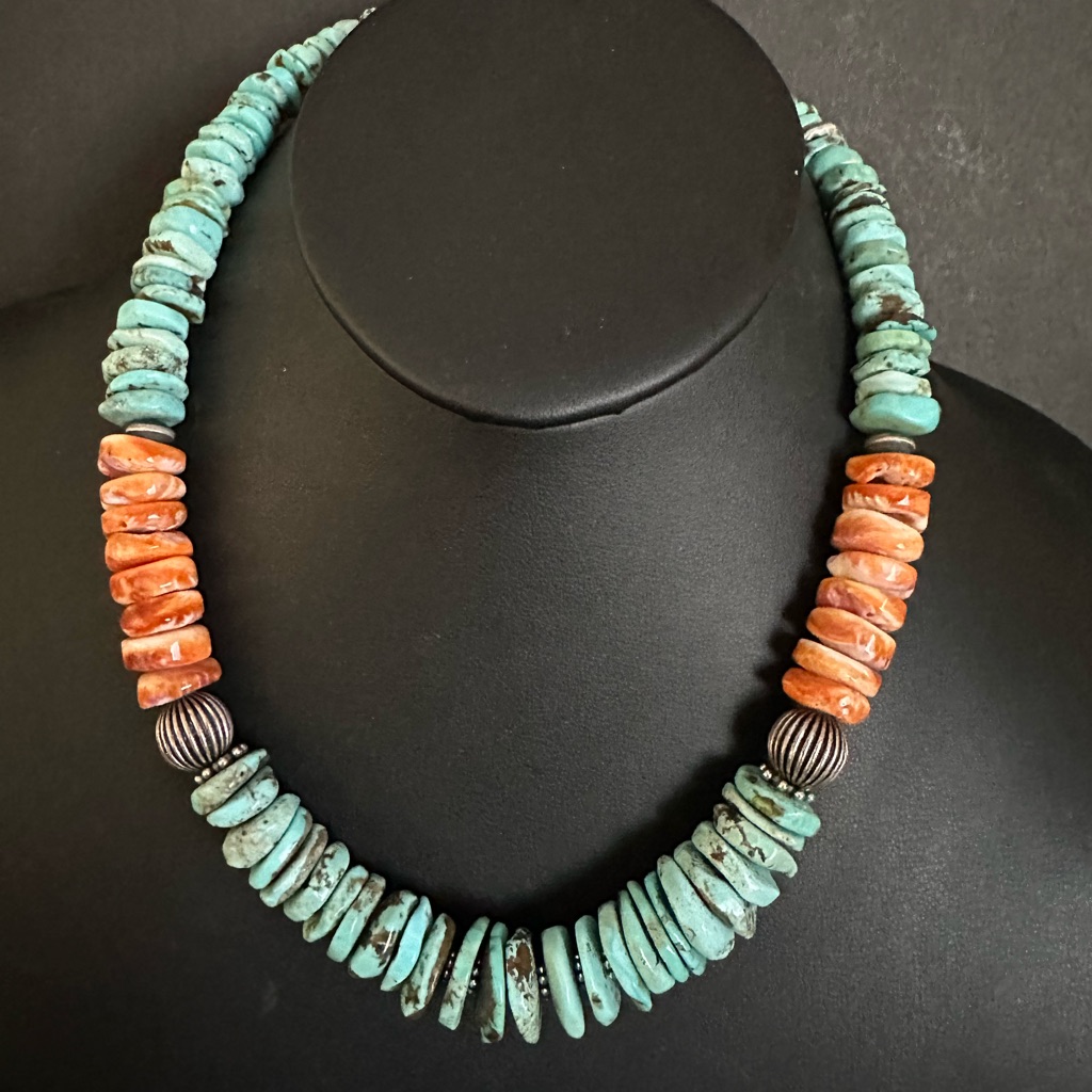Sterling Silver Graduated Turquoise Spiny Oyster Bead Necklace